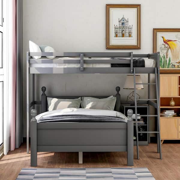 ANBAZAR Gray Detachable Wood 2 Kids Bunk Bed with 2-Shelf Cabinet, Twin Size Loft Bed Combined With Full Platform Bed