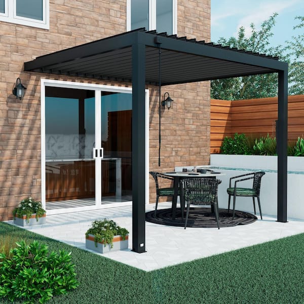 Evanston 10 ft. x 10 ft. Black Galvanized Steel Wall-Mounted Louvered Pergola Kit with Adjustable Roof and PowerPort