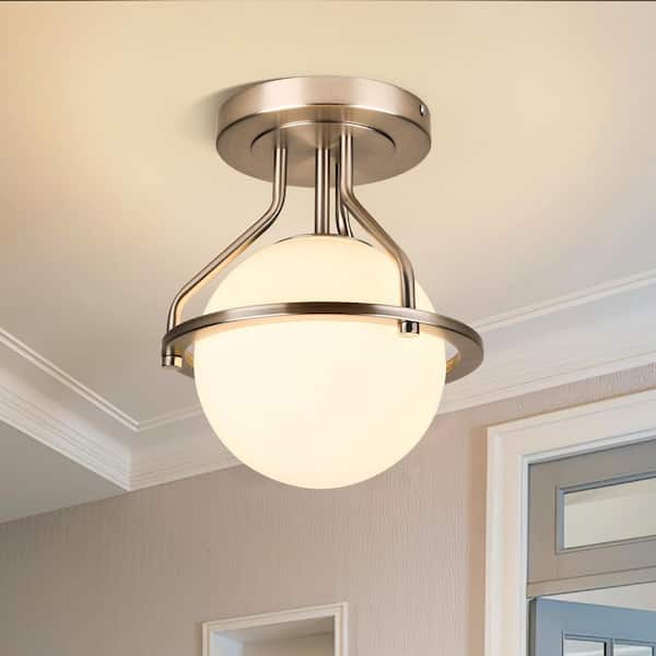 PAKOKULA Mid-century 10 in. 1-Light Blushed Nickel Semi-Flush Mount Ceiling Light Fixture with Milky Glass Globe Shade