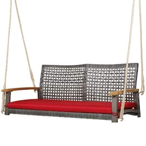 2-Person Wicker Patio Swing Porch Hanging Swing Chair with Red Cushion & Acacia Wood Armrests