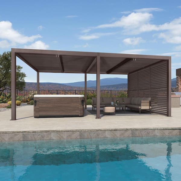12 ft. x 20 ft. Bronze Aluminum Louvered Pergola with 4 Adjustable Sunshade Roofs and 1-Short Side Fixed Shutter Wall