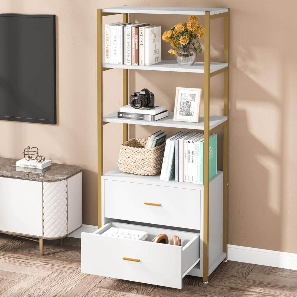White and Gold 4-Tier Baker's Rack with Drawers