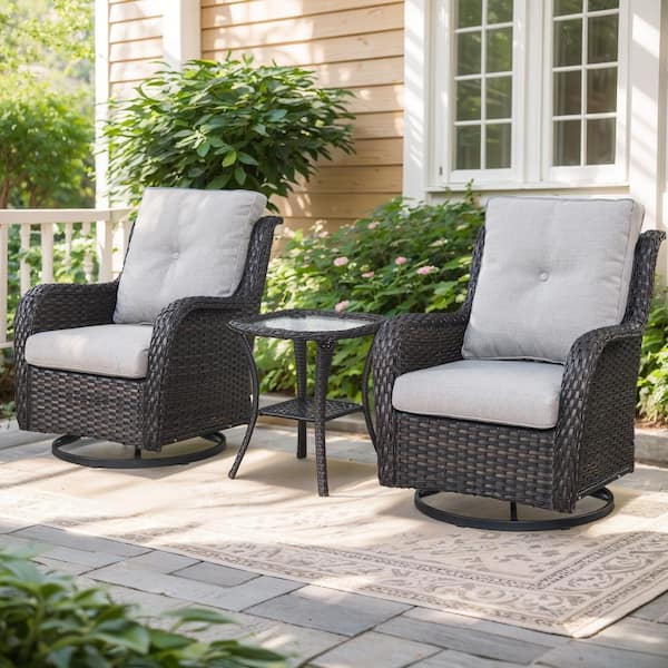 3-Piece Patio Brown Wicker Outdoor Chat Sets with Beige Olefin Cushions and Matching Side Table