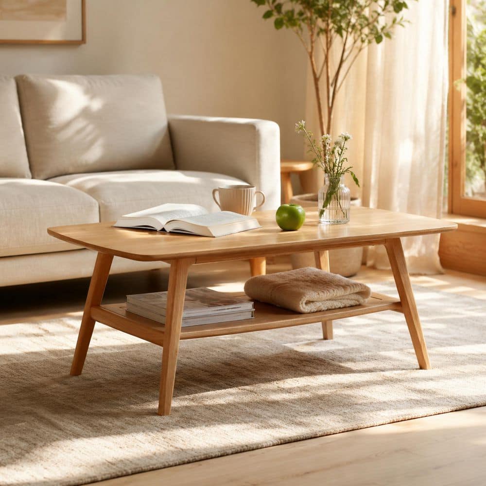 31.5 in. Wood Rectangle Solid Wood Coffee Table with Storage Shelf and Double Layer Design