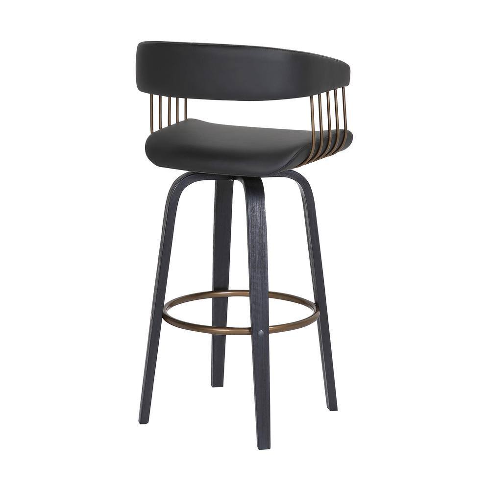 Adjustable Black Faux Leather Swivel Bar Stool with Walnut Wood