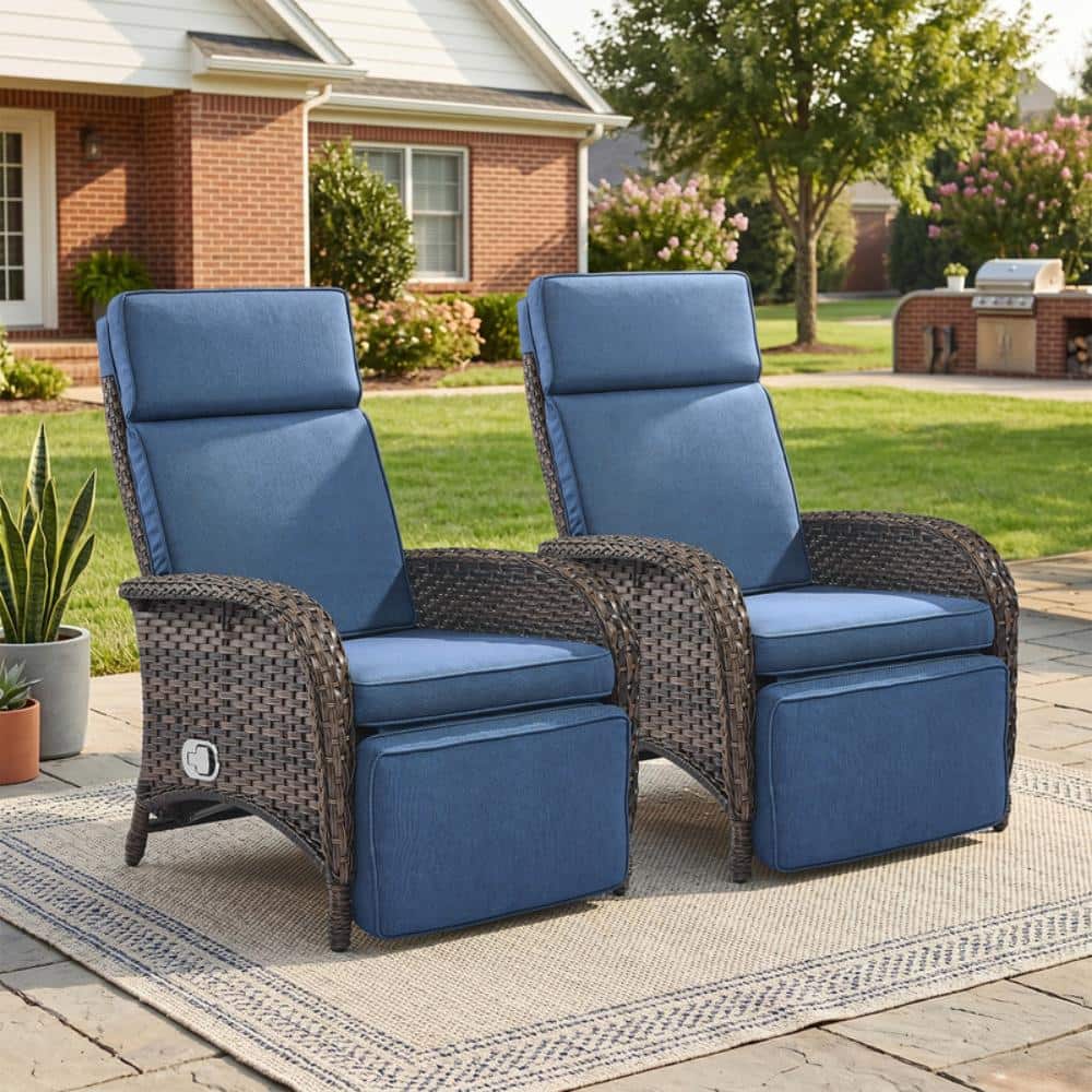 Riviera 2-Piece Brown Wicker Outdoor Adjustable Recliner Chair with Blue Cushion, Reclining Lounge Chair for Deck Porch price history on PriceWatchPro