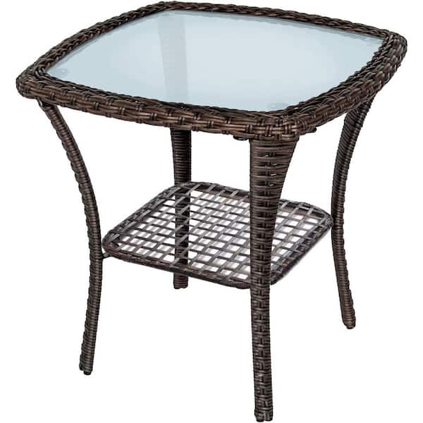 cenadinz Outdoor Side Table Outdoor Glass Top Wicker Coffee Bistro Patio Square Storage End Table Aluminum Frame