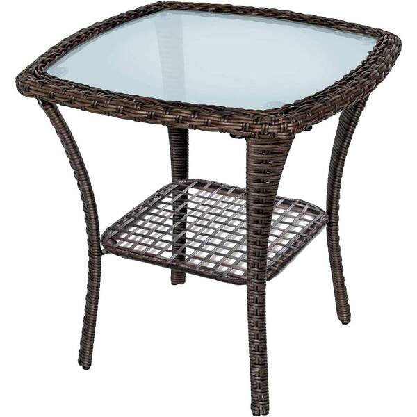 cenadinz 20 in. Outdoor Side Table Outdoor Glass Top Wicker Coffee Bistro Patio Square Storage End Table Aluminum Frame