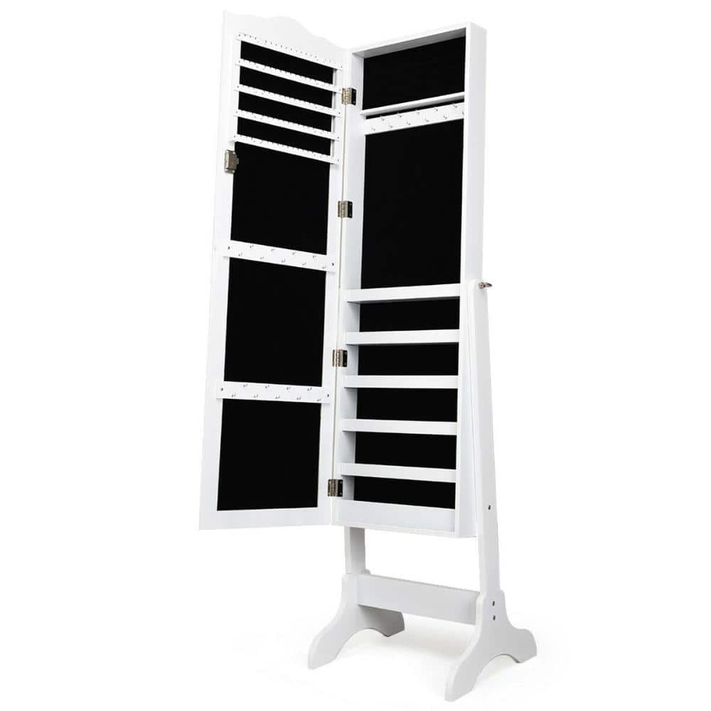 Open white jewelry cabinet showing black velvet interior organizers.