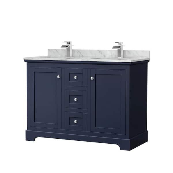 Wyndham Collection Avery 48 in. W x 22 in. D x 35 in. H Double Bath Vanity in Dark Blue with White Carrara Marble Top