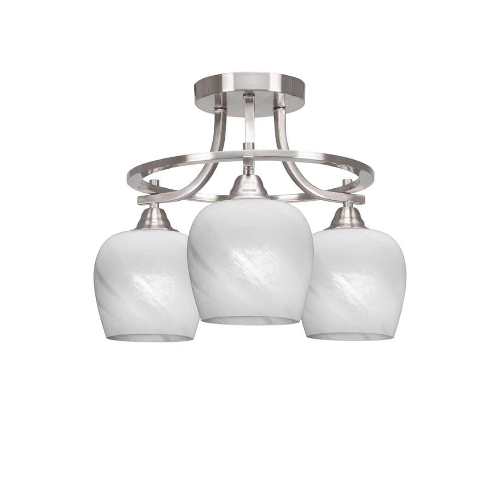 Madison 15.5 in. 3-Light Brushed Nickel Semi-Flush Mount with White Marble 