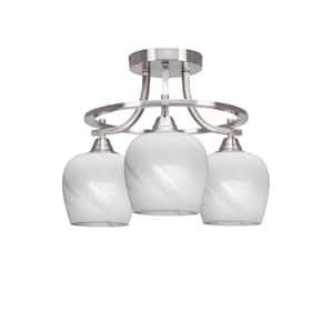 Madison 15.5 in. 3-Light Brushed Nickel Semi-Flush Mount with White Marble Glass Shade