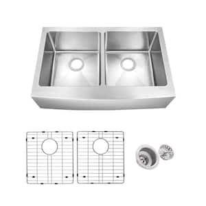 Farmhouse Apron Front Undermount 16-Gauge Stainless Steel 33 in. 50/50 Double Bowl Kitchen Sink with Grid Set and Drains Farmhouse Apron Front Undermount 16-Gauge Stainless Steel 33 in. 50/50 Double Bowl Kitchen Sink with Grid Set and Drains