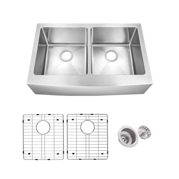 33 in. Farmhouse Apron Front Undermount 50/50 Double Bowl 16 Gauge Stainless Steel Kitchen Sink with Accessories