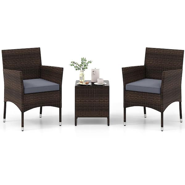 3 PCS Outdoor Conversation Set w/ Cushioned Seat & Tempered Glass Tabletop Gray