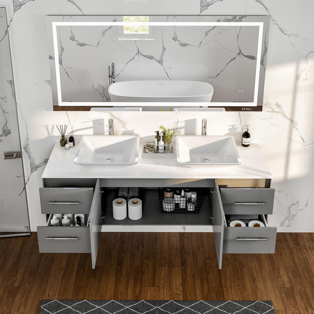 Gray Modern Double Sink Wall-Mount Bathroom Vanity with White Quartz Top