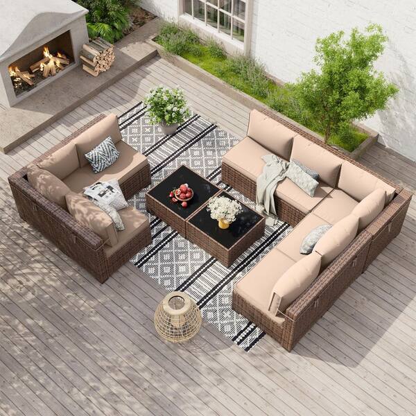 Poteban 10-Piece Wicker Patio Sectional Conversation Sets With 2 Coffee Table and Khaki Cushions
