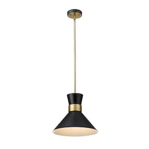 1-Light Matte Black and Heritage Brass Pendant with Matte Black Metal Shade