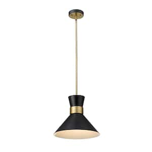 1-Light Matte Black and Heritage Brass Pendant with Matte Black Metal ...