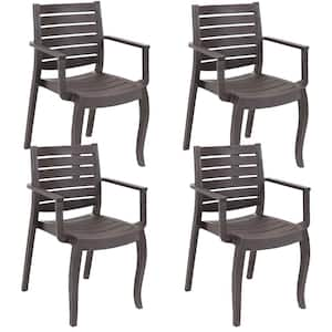 Illias Plastic Outdoor Patio Arm Chair in Brown (Set of 4)