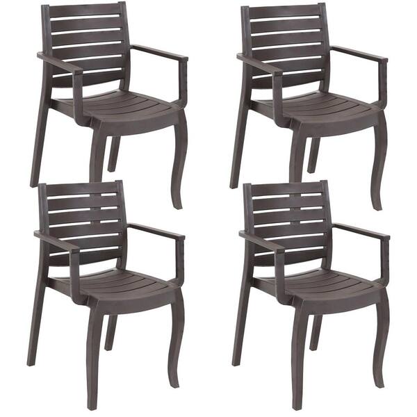 Sunnydaze Illias Plastic Outdoor Patio Arm Chair in Brown (Set of 4)