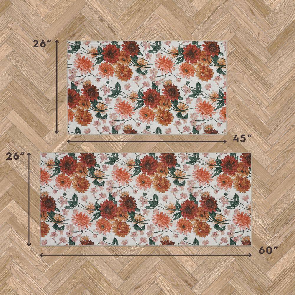 Laura Ashley Red Floral Chenille Washable Non-Slip Runner Rug Set