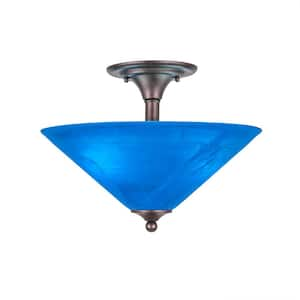 Bristol 12.75 in. 2-Light Bronze Semi-Flush with 16 in. Blue Italian Glass Shade No Bulbs Included