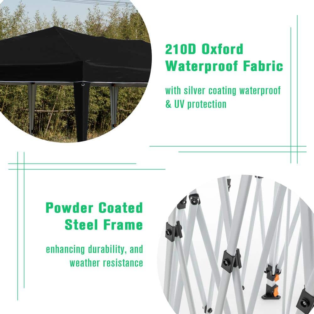 10 ft. x 20 ft. Black Steel Frame Pop-Up Canopy Tent with Adjustable Height and Sidewalls