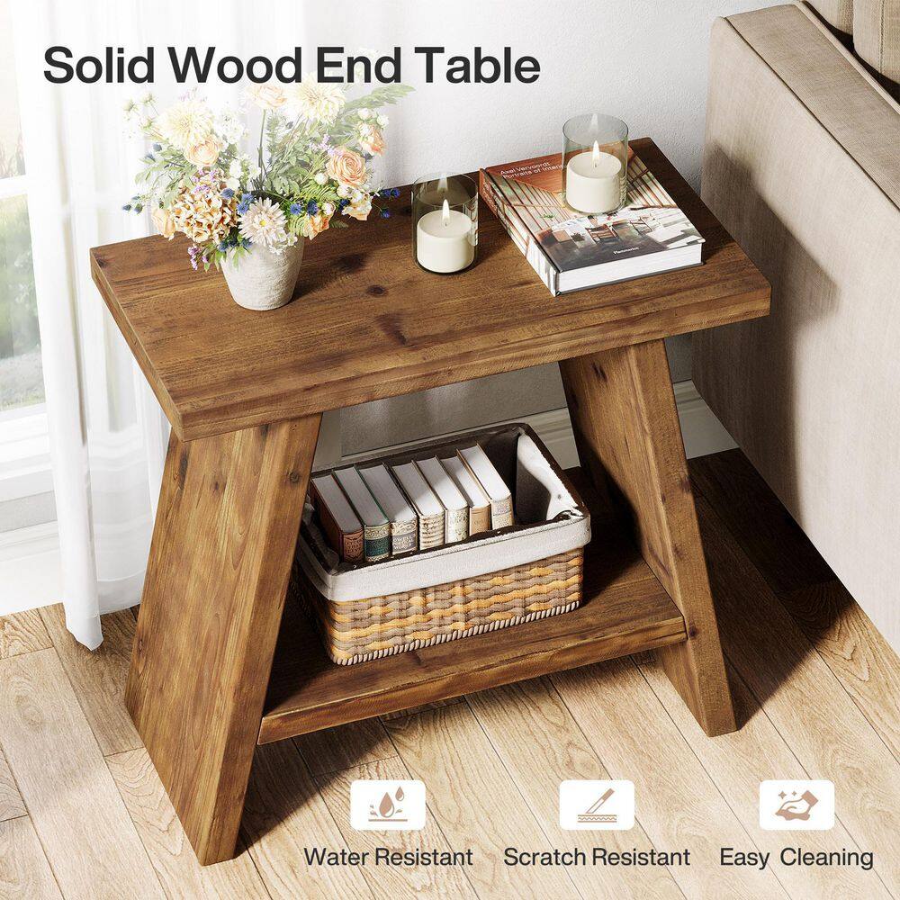 Kerlin 24 in. Brown Rectangle Solid Wood End Table with 2-Tier Storage, Narrow Side Table Nightstand for Small Places - thumbnail 9