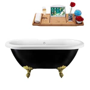 59 in. Acrylic Clawfoot Non-Whirlpool Bathtub in Glossy Black With Brushed Gold Clawfeet And Glossy White Drain