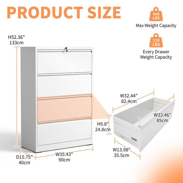 Belira Modern 4-Drawer White Metal 35.43 in. W Lateral Vertical Locking Storage File Cabinet