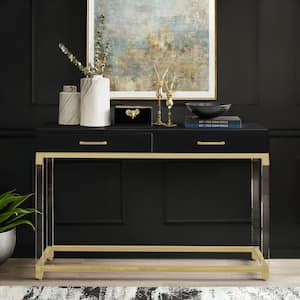 Caspian 48 in. Black/Gold Standard Rectangle Wood Console Table with Drawers