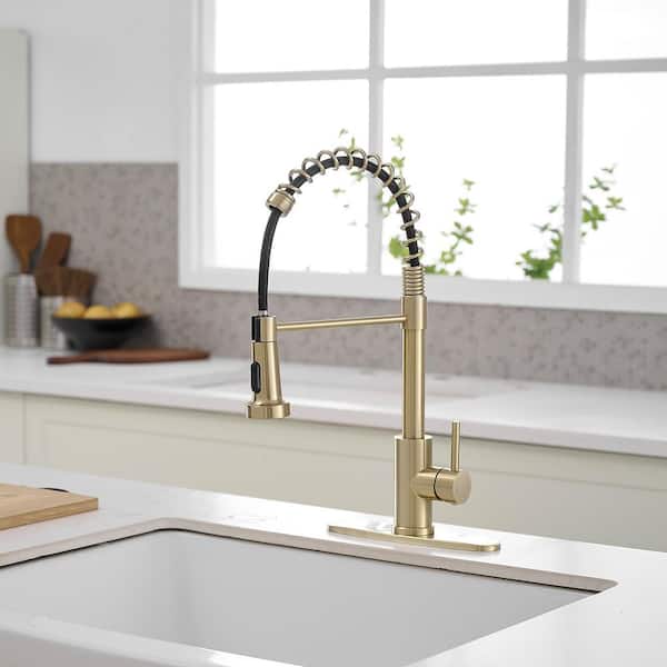 Single Handle Pull-Down Sprayer High Arc Pull Down Sprayer Kitchen Faucet With Deck Plate in Brushed Gold