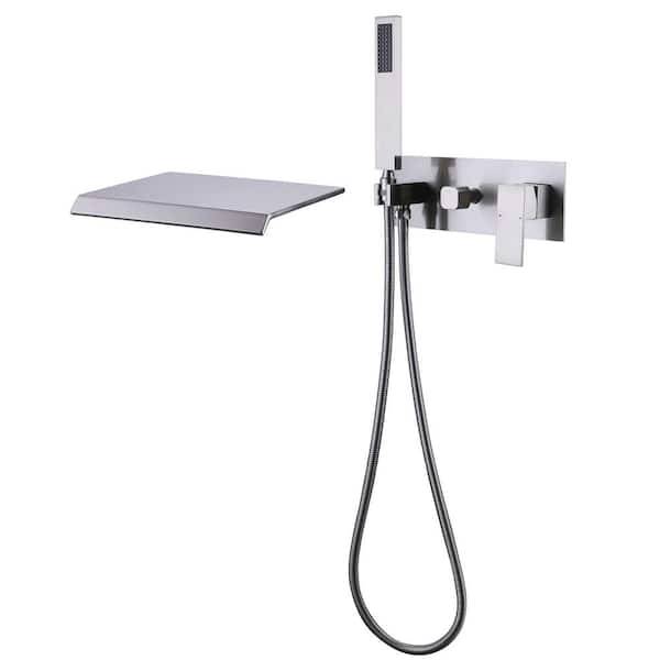 Tomfaucet Double Handle Wall Mount Waterfall Roman Tub Faucet with Hand Shower in Brushed Nickel