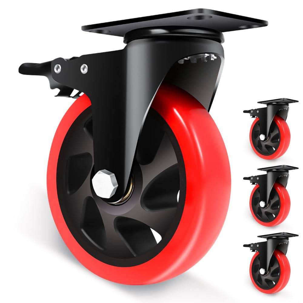 Heavy Duty 5 Inch Red Polyurethane Swivel Caster Wheels with Brake