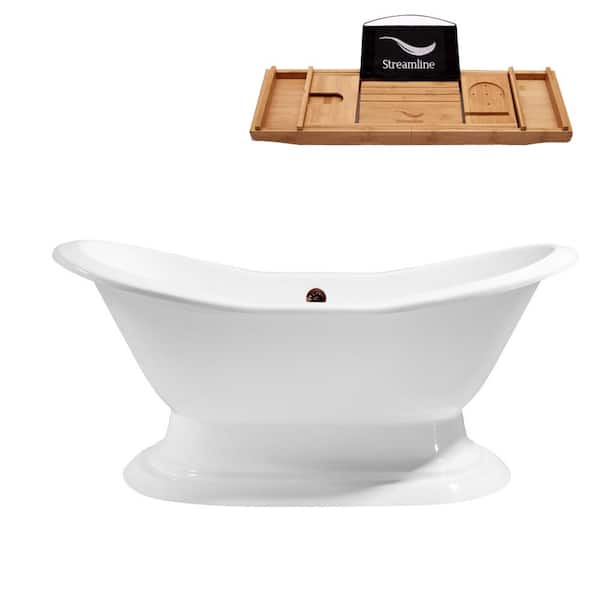 Streamline 72 in. Cast Iron Flat Bottom Non-Whirlpool Bathtub in Glossy White with Matte Oil Rubbed Bronze External Drain and Tray