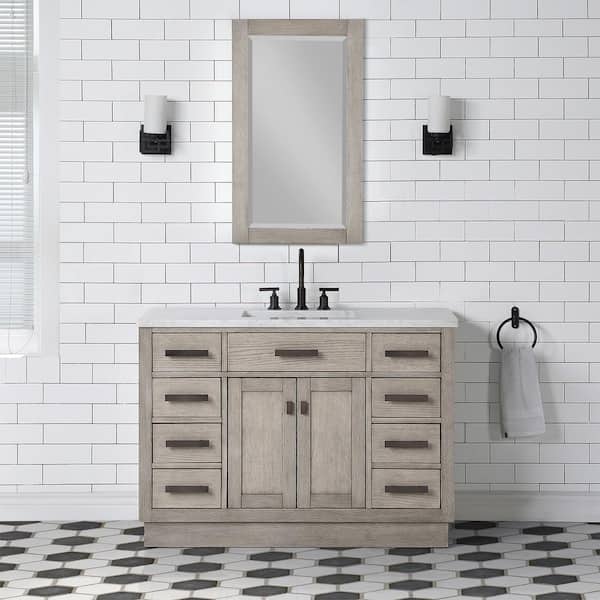 Water Creation Chestnut 48 in. W x 21.5 in. D Vanity in Grey Oak with Marble Vanity Top in White with White Basin and Mirror