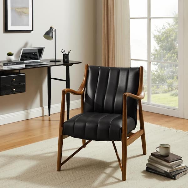 Art Leon Top Leather Black Mid-Century Modern Genuine Leather Accent Arm  Chair with Wood Legs SF079-1-BK-L
