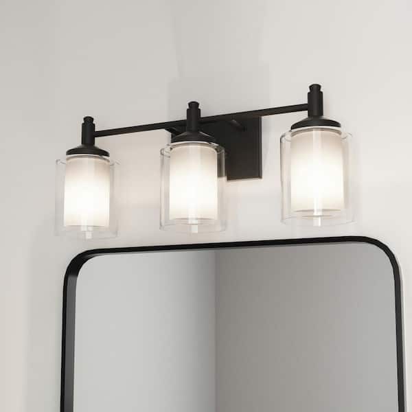 DSI LIGHTING Jaylin 22 in. 3-Light Matte Black Vanity Light with Clear and Frosted Glass Shades