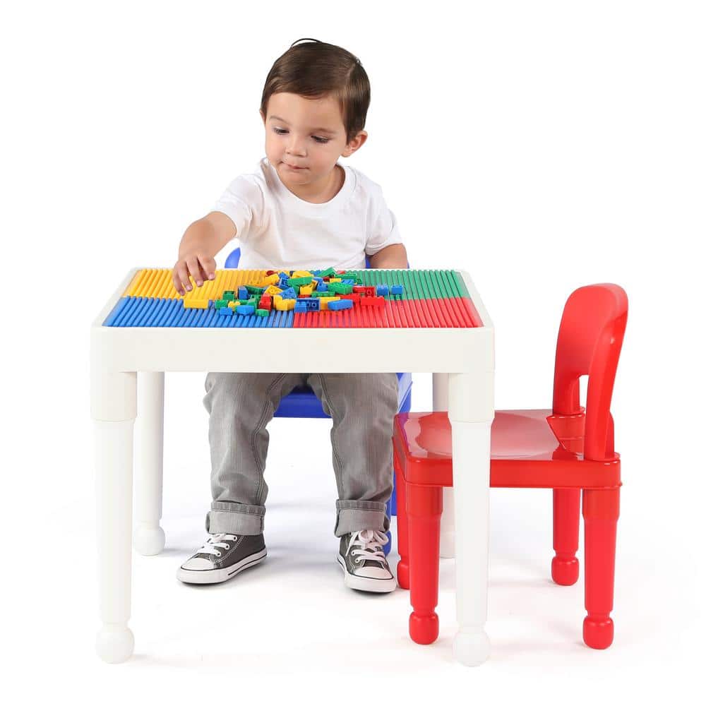 White and Primary Plastic Kids Activity Table with 2 Chairs and Building Blocks