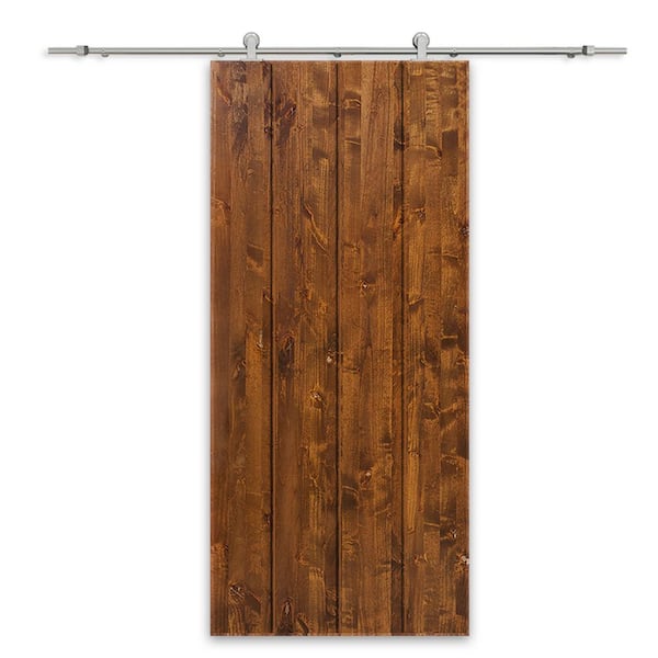 CALHOME 36 in. x 80 in. Walnut Stained Pine Wood Modern Interior Sliding Barn Door with Hardware Kit