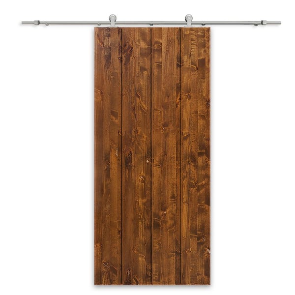 CALHOME 38 in. x 84 in. Walnut Stained Solid Wood Modern Interior Sliding Barn Door with Hardware Kit