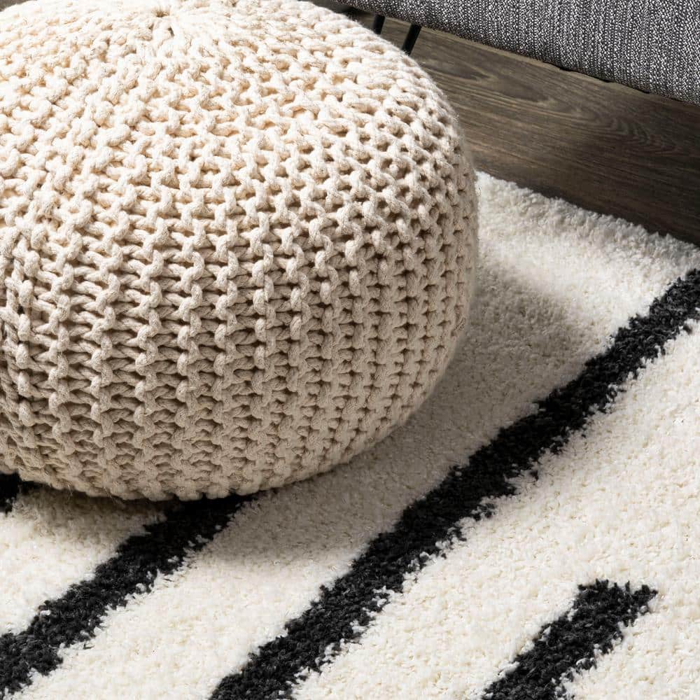 Alaro Berber-Inspired Ivory Stripe Shag Area Rug
