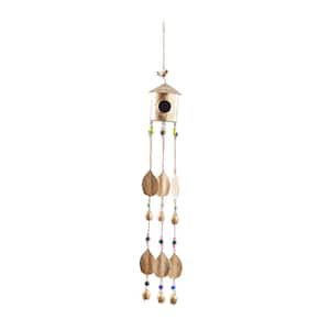 38 in. Gold Metal Indoor Outdoor Bird House Windchime with Glass Beads and Bells