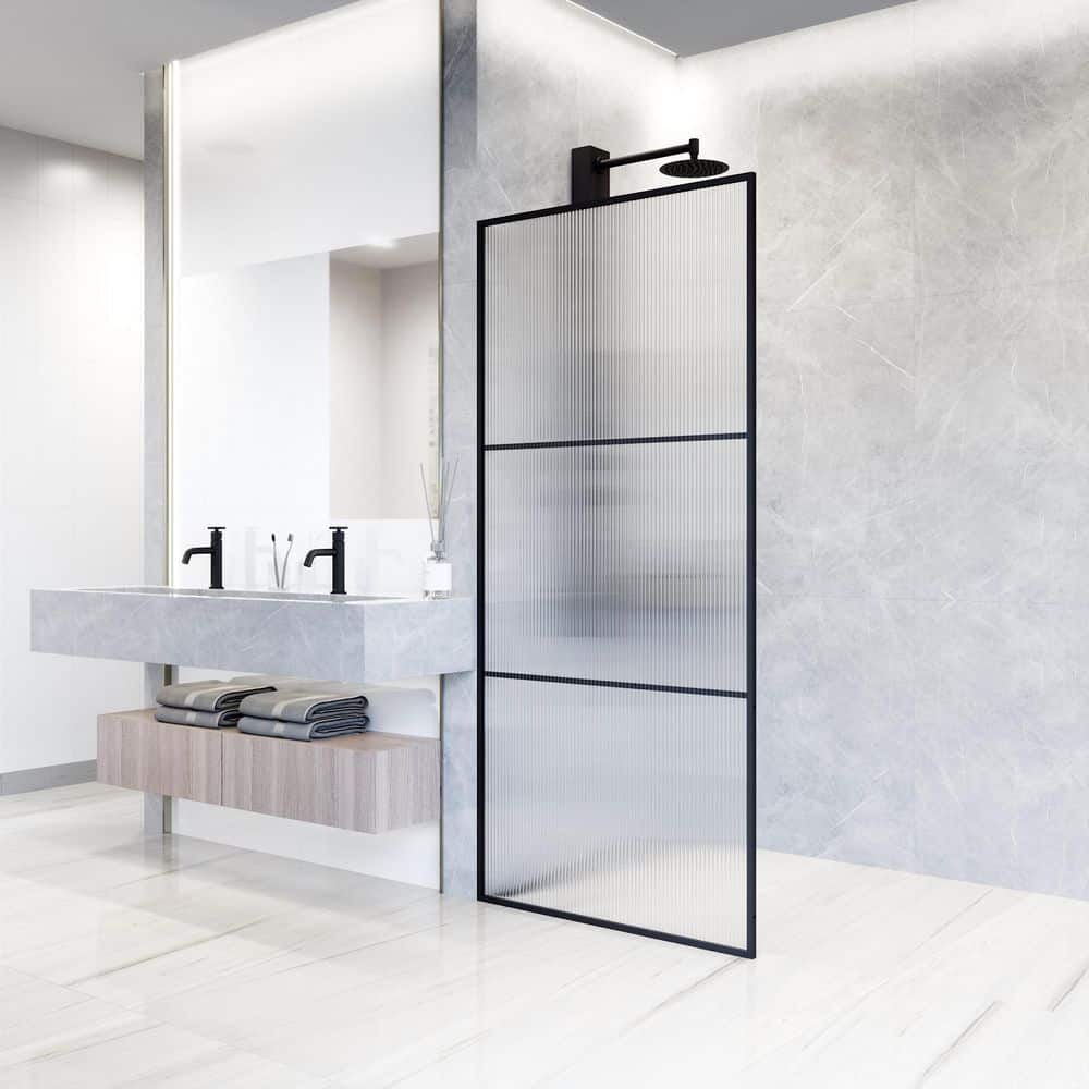 Divide 34" W x 74" H Matte Black Fluted Glass Shower Screen