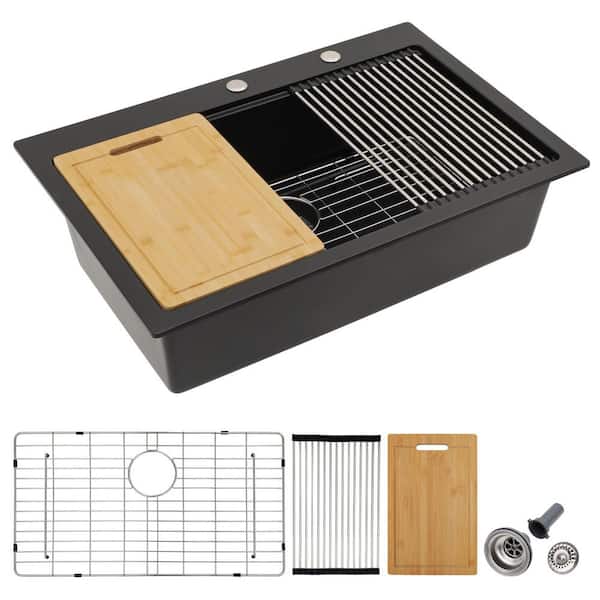 33 in. Drop-In Matte Black Quartz Granite Composite Single Bowl Kitchen Sink, Topmount Workstation Sink with Accessories