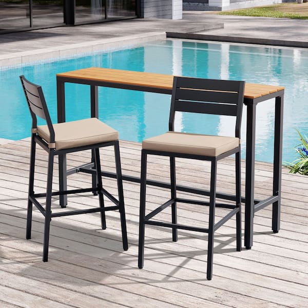3-Piece Metal Outdoor Bistro Set Steel-Framed Bar Set with 2 Stools and 55.12 in. L. Table Removable Beige Cushion