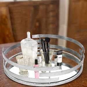 Silver Round Metal Tray with Mirror Panel Inserts