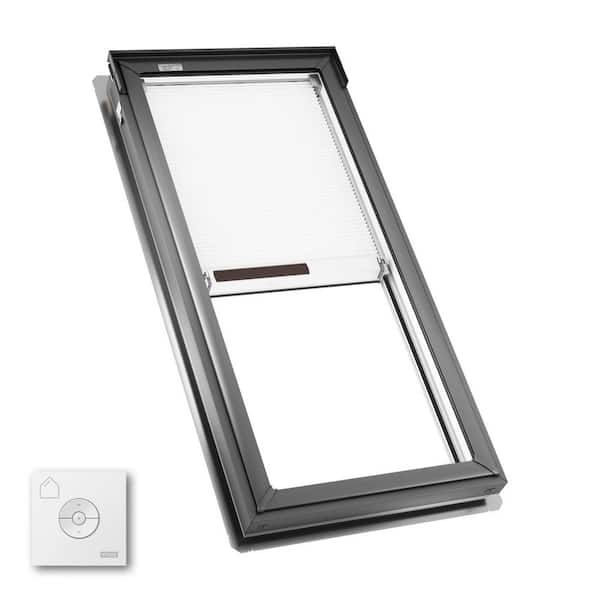 14-1/2 in. x 45-3/4 in. Fixed Deck Mount Skylight with Laminated Low-E3 Glass, White Solar Powered Room Darkening Shade
