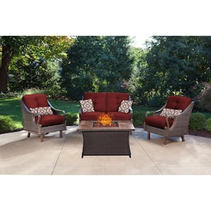 Ventura 4-Piece All-Weather Wicker Patio Conversation Set with Wood Grain-Top Fire Pit with Crimson Red Cushions